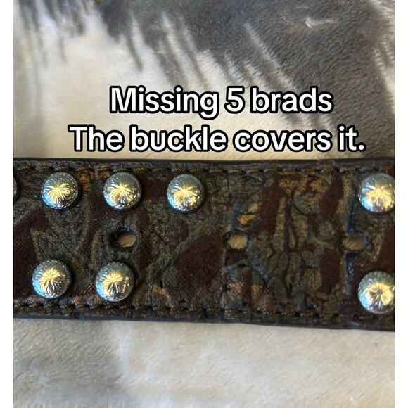 Nocona Belt Co Western Studded Belt Brown Silver Floral Buckle Size 38 1.5” main image 6